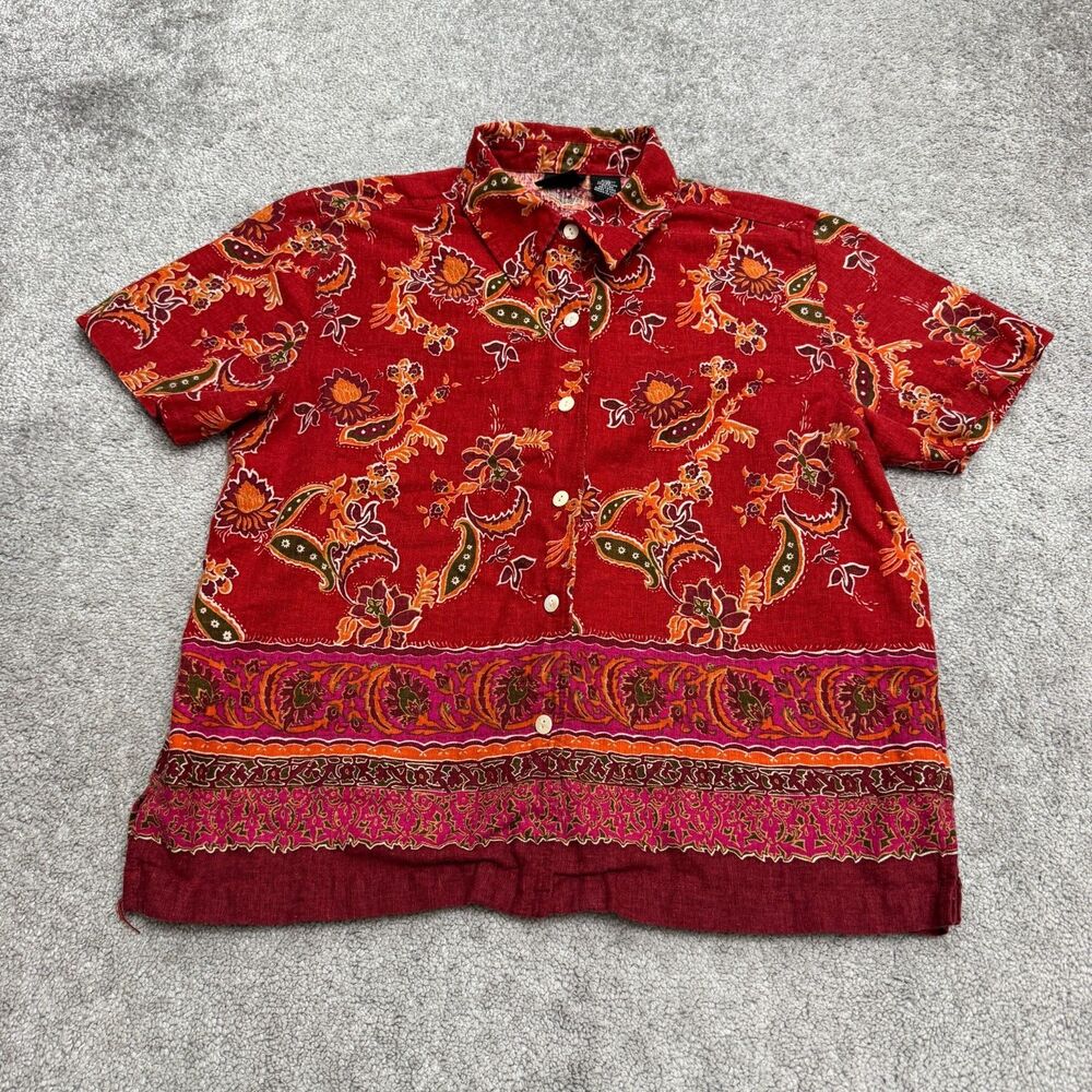 Vintage Erika Petite Red Paisley Linen Blend Button Down Shirt Top Womens PXL XL